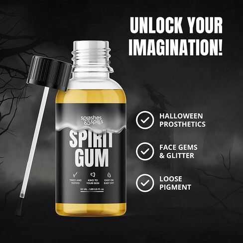 لاصق لثة روحي بدرجة احترافية للوجه - غراء مكياج الوجه SFX للهالوين والحفلات التنكرية والمزيد - غراء وجه نباتي صديق للبيئة ولم يتم الإساءة إلى الحيوانات لزي الأزياء - 50 مل - البقع والانسكابات in Kuwait