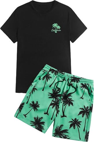 GORGLITTER Men's Two Piece Tracksuits Outfits Hawaiian Graphic Shirt and Shorts Set Light Blue and Black Medium in Saudi Arabia