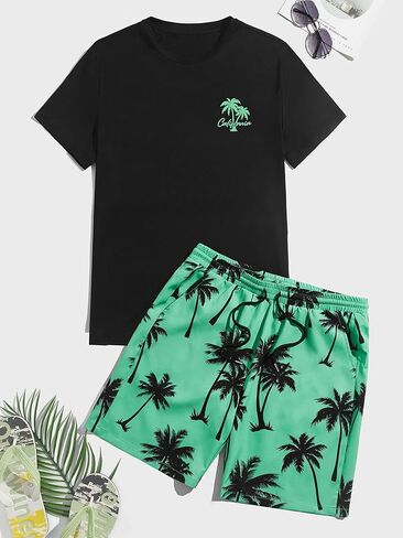 GORGLITTER Men's Two Piece Tracksuits Outfits Hawaiian Graphic Shirt and Shorts Set Light Blue and Black Medium in Saudi Arabia