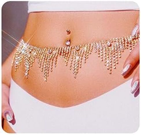 Xerling Rhinestone Fringe Tassels Waist Chains Belly Chain Bikini Body Chains Belt for Women Party Nightclub (Gold) in Saudi Arabia