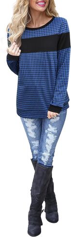تتفتح جيلي المرأة كتلة اللون منقوشة قميص Crewneck البلوز بقع الكوع البلوز البلوز أعلى in Saudi Arabia