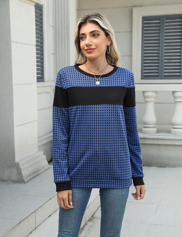 تتفتح جيلي المرأة كتلة اللون منقوشة قميص Crewneck البلوز بقع الكوع البلوز البلوز أعلى in Saudi Arabia