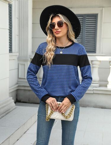 تتفتح جيلي المرأة كتلة اللون منقوشة قميص Crewneck البلوز بقع الكوع البلوز البلوز أعلى in Saudi Arabia