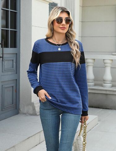 تتفتح جيلي المرأة كتلة اللون منقوشة قميص Crewneck البلوز بقع الكوع البلوز البلوز أعلى in Saudi Arabia
