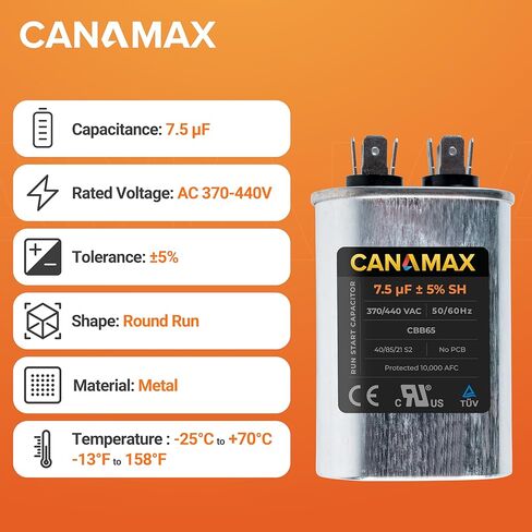 Canamax Premium 70+5 فائق التوهج ±5% 70/5 MFD 370/440 VAC مكثف دائري لبدء التشغيل المزدوج لمكيف الهواء المستقيم البارد أو الحراري in Kuwait