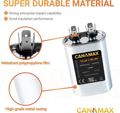 Canamax Premium 70+5 فائق التوهج ±5% 70/5 MFD 370/440 VAC مكثف دائري لبدء التشغيل المزدوج لمكيف الهواء المستقيم البارد أو الحراري in Kuwait