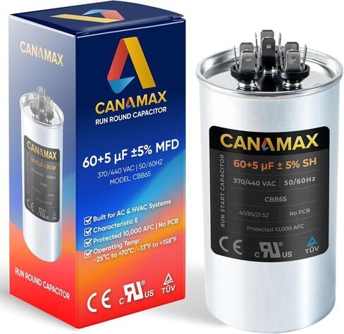 Canamax Premium 70+5 فائق التوهج ±5% 70/5 MFD 370/440 VAC مكثف دائري لبدء التشغيل المزدوج لمكيف الهواء المستقيم البارد أو الحراري in Kuwait