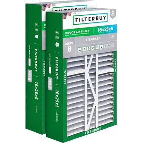 Filterbuy 16x25x5 Air Filter MERV 8 Dust Defense (2-Pack), Pleated HVAC AC Furnace Air Filters Replacement for Amana, BDP, Coleman, Day & Night, Electro-Air, Five Seasons, Gibson, Goodman, Nordyne, Totaline, & York (Actual Size: 15.38 x 25.50 x 5.25)