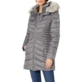 LAUNDRY BY SHELLI SEGAL Women's 3/4 Puffer Jacket With Detachable Faux Fur Strip and Bib Down Alternative Coat, Vintage Black, Small US in Kuwait