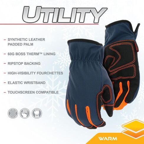 Boss Arctik Task Winter Work Gloves, Ripstop Backing, 60g Therm, Synthetic Leather, Touchscreen, Navy, X-Large (B952142-XL) in Saudi Arabia