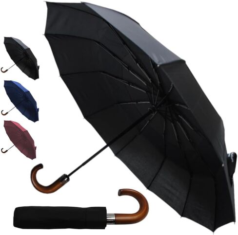 COLLAR AND CUFFS LONDON - Rare 12 Rib Compact Umbrella, 4 Extra For Strength - 50mph Strong Reinforced Windproof Frame with Fiberglass - Vented Canopy - Auto Open & Close - Wooden Hook Handle - Black in Saudi Arabia