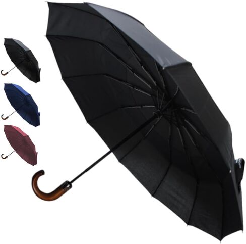 COLLAR AND CUFFS LONDON - Rare 12 Rib Compact Umbrella, 4 Extra For Strength - 50mph Strong Reinforced Windproof Frame with Fiberglass - Vented Canopy - Auto Open & Close - Wooden Hook Handle - Black in Saudi Arabia