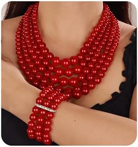 Jumwrit Vintage 1920s Pearl Necklace Big Round Pearl Choker Necklace Wedding 5 Layers Multi Strand Pearl Necklace Chunky Faux Pearl Costume Jewelry for Women and Girls in Saudi Arabia
