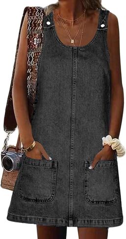 Xaspee Denim Overall Dress for Women Casual Mini Sleeveless Jean Vintage Jumper Skirt Dress with Pockets in Kuwait