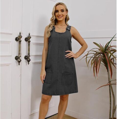 Xaspee Denim Overall Dress for Women Casual Mini Sleeveless Jean Vintage Jumper Skirt Dress with Pockets in Kuwait