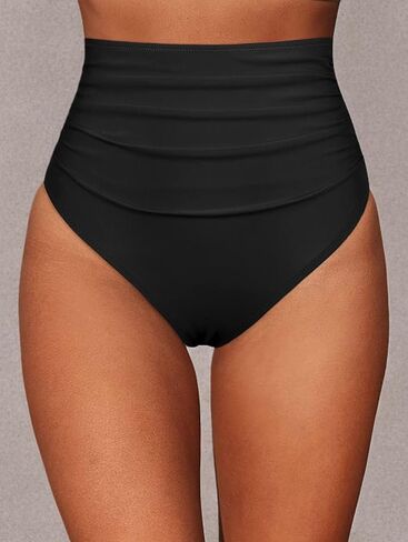 Hilor Women's High Waisted Bikini Bottom Retro High Cut Bathing Suit Bottom Ruched Tummy Control Swim Shorts in Saudi Arabia