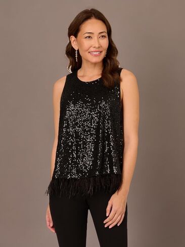 Adrianna Papell Women's Sleeveless Sequin Top W Feather Trim Hem in Saudi Arabia