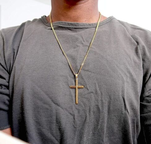 RIVETING JEWELRY سلسلة ذهبية عيار 18 قيراط على شكل قلادة متقاطعة ومشبك صلب للرجال، زوج رفيع من أجل سحر ميامي كوبي لينك الماس قطع حافة مشطوفة دينية in Kuwait