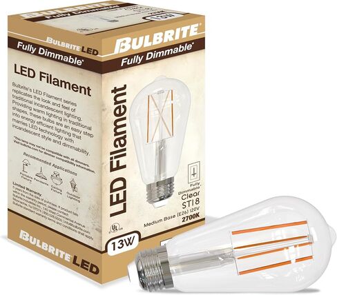 خيوط LED Bulbrite، 8.5 وات، ما يعادل 60 وات، قابلة للتعتيم، ST18، E26 قاعدة قياسية، 3000K (ضوء أبيض ناعم) لمبة إضاءة، شفافة، (عبوة من قطعة واحدة) in Kuwait