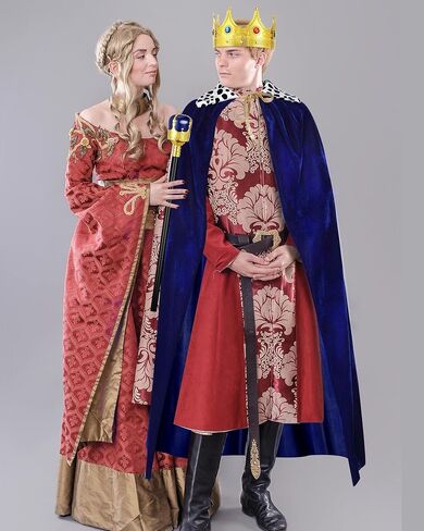 Silkfly Men King Cape Costume Set Medieval King Robe Cape Gold Jeweled Plastic Crown King Scepter for Carnival Halloween in Saudi Arabia