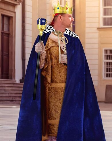 Silkfly Men King Cape Costume Set Medieval King Robe Cape Gold Jeweled Plastic Crown King Scepter for Carnival Halloween in Saudi Arabia