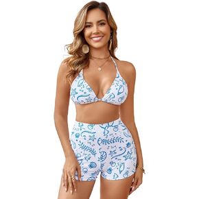 COZYEASE Women's 2 Piece Swimsuits Halter Triangle Top with High Waisted Shorts Bathing Suits Bikini Sets