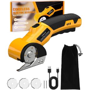Cordless Electric Scissors,4V Rechargeable Cardboard Cutter Heavy Duty Scissor with Safety Lock & LED Light for Box Carpet Plastic Fabric(Yellow）