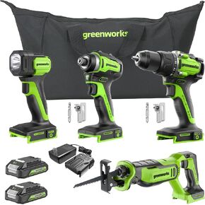 Greenworks 24V 10pcs Combo Kit,(2) Batteries & (2) Chargers. 800in/lb Drill&Impact Driver with Bits,Wrench, Multi-tool, Reciprocating Saw&Jigsaw, Circular saw, Angle Grinder and Flashlight