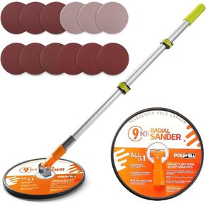 Poliwell 9 Inch Drywall Pole Sander مع عمود تمديد 3 أقدام - 360 درجة من الرملي الدوار للجدران والسقوف ، يشمل 12 قرصًا رملًا (100/180/240 حبة)