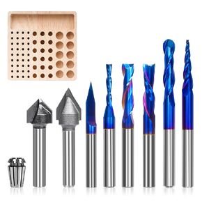 8PCS CNC Router Bits Set 1/4" Shank, Carbide End Mill Multipurpose Router Bits for Trimming V Groove Engraving Resin Lettering Sign Making, with ER11 Collet, Storage Rack