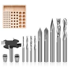 10-Piece CNC Router Bits Set, Carbide Multiple Uses Router Bits for Woodworking Detail Carving Resin Lettering Sign Making Trimming V Groove Engraving, with Storage Rack