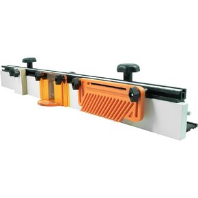 Peachtree Woodworking 32 inch Deluxe Router Table Fence with Featherboard •1/4 inch Aluminum Shims •Aluminum Extruded L Fence with Shim Offset Grooves •Router Bit Guard •Adjustment Knobs