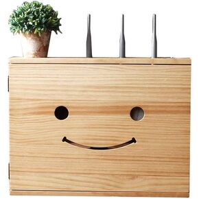 Solid Wood Wireless Router Storage Box-wall-mounted Free Punch Multimedia Set-top Box Shelf Wireless Router Storage Box Router Fences Weak Current Box Wifi Blocking Decorative Box Cute Smiley(Inner di