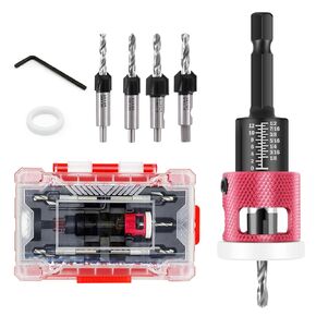 Countersink Drill Bit Set - 5 Pcs Countersink Drill Bit with Low Friction Depth Stop, HSS M2 Tapered Bits, Carbide Drill Bits 1/4" Hex Shank for Woodworking Tools