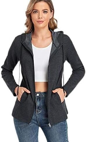 سويت شيرت نسائي بغطاء للرأس بسحاب كامل من PEIQI وأكمام طويلة وجيوب سترة خفيفة الوزن in Kuwait