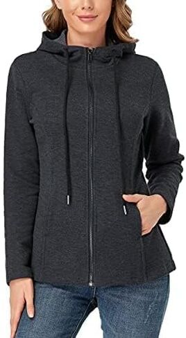 سويت شيرت نسائي بغطاء للرأس بسحاب كامل من PEIQI وأكمام طويلة وجيوب سترة خفيفة الوزن in Kuwait