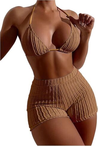 COZYEASE Women's 2 Piece Swimsuits Halter Triangle Top with High Waisted Shorts Bathing Suits Bikini Sets in Kuwait
