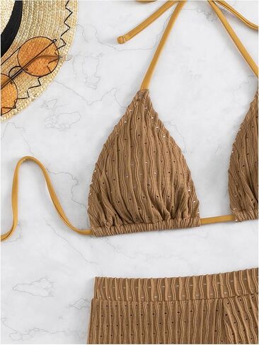 COZYEASE Women's 2 Piece Swimsuits Halter Triangle Top with High Waisted Shorts Bathing Suits Bikini Sets in Kuwait