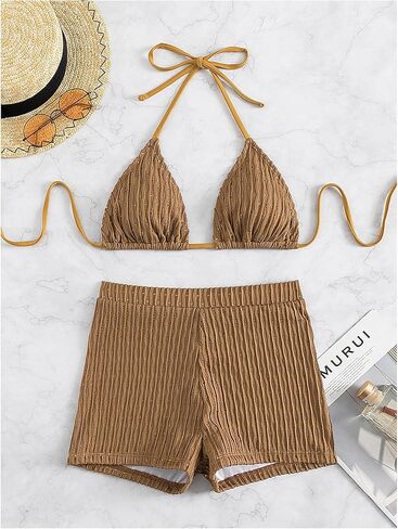 COZYEASE Women's 2 Piece Swimsuits Halter Triangle Top with High Waisted Shorts Bathing Suits Bikini Sets in Kuwait