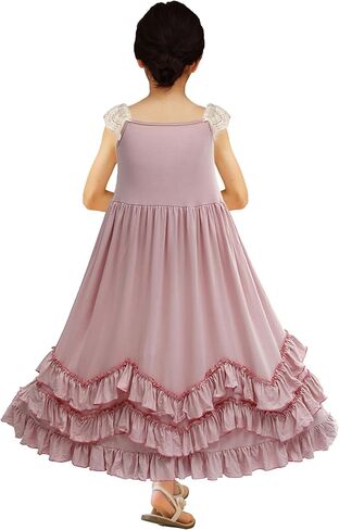 فستان بناتي طويل بكشكشة بوهو وردي اللون دانتيل بأكمام طويلة وكشكشة دوارة فستان طويل من القطن للصيف in Kuwait