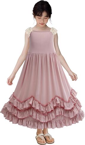 فستان بناتي طويل بكشكشة بوهو وردي اللون دانتيل بأكمام طويلة وكشكشة دوارة فستان طويل من القطن للصيف in Kuwait