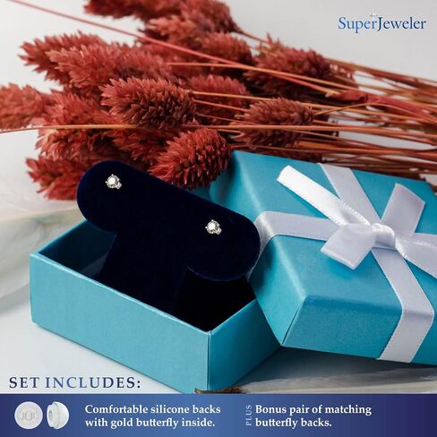 Diamond Earring Studs for Women and Men by SuperJeweler | 1/5 CT to ½ CT Diamonds | Sterling Silver, White or Yellow Gold Stud Earrings | Silicone Backs with Bonus Butterfly Backs in Saudi Arabia