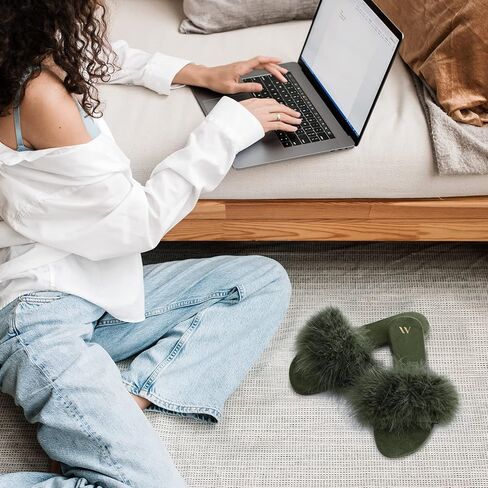 Amélie Home Fashion شباشب منزلقة فروي تركي فروي ريش مفتوح من الأمام مريح غامض سويدي مبطن صنادل منزلية in Kuwait