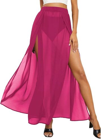 تنورة طويلة للسيدات من OYOANGLE مصنوعة من قماش شبكي شفاف عالي الخصر ومقسمة للشاطئ in Kuwait