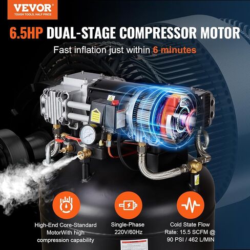 VEVOR 80 Gallon Air Compressor, 2-Stage 145PSI Oil Free Stationary Compressor Tank, 6.5HP 15.5SCFM@90 PSI, Quiet Compressor for Industrial Manufacturing, Workshops (220V/60Hz Single-Phase Power) in Saudi Arabia