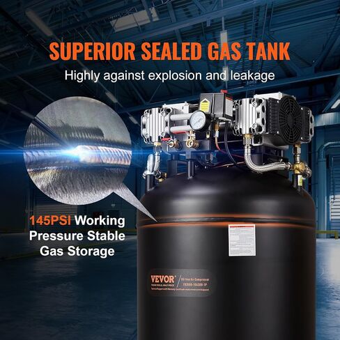 VEVOR 80 Gallon Air Compressor, 2-Stage 145PSI Oil Free Stationary Compressor Tank, 6.5HP 15.5SCFM@90 PSI, Quiet Compressor for Industrial Manufacturing, Workshops (220V/60Hz Single-Phase Power) in Saudi Arabia
