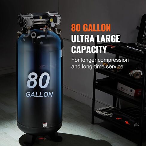 VEVOR 80 Gallon Air Compressor, 2-Stage 145PSI Oil Free Stationary Compressor Tank, 6.5HP 15.5SCFM@90 PSI, Quiet Compressor for Industrial Manufacturing, Workshops (220V/60Hz Single-Phase Power) in Saudi Arabia
