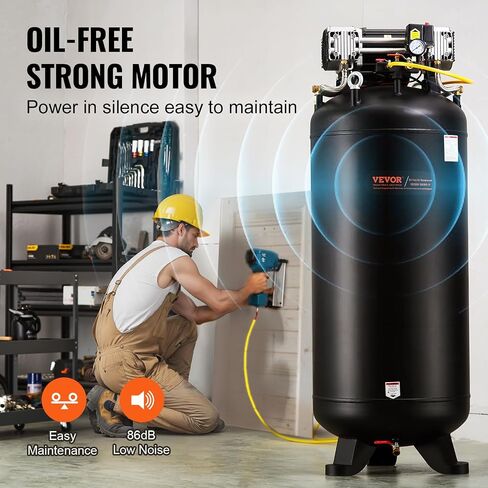 VEVOR 80 Gallon Air Compressor, 2-Stage 145PSI Oil Free Stationary Compressor Tank, 6.5HP 15.5SCFM@90 PSI, Quiet Compressor for Industrial Manufacturing, Workshops (220V/60Hz Single-Phase Power) in Saudi Arabia