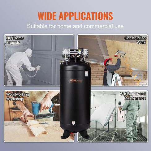 VEVOR 80 Gallon Air Compressor, 2-Stage 145PSI Oil Free Stationary Compressor Tank, 6.5HP 15.5SCFM@90 PSI, Quiet Compressor for Industrial Manufacturing, Workshops (220V/60Hz Single-Phase Power) in Saudi Arabia