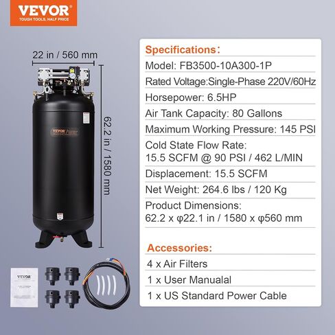 VEVOR 80 Gallon Air Compressor, 2-Stage 145PSI Oil Free Stationary Compressor Tank, 6.5HP 15.5SCFM@90 PSI, Quiet Compressor for Industrial Manufacturing, Workshops (220V/60Hz Single-Phase Power) in Saudi Arabia